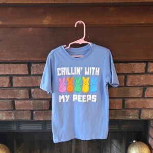 Blue Kids Shirt with Colorful Peep Bunny Print